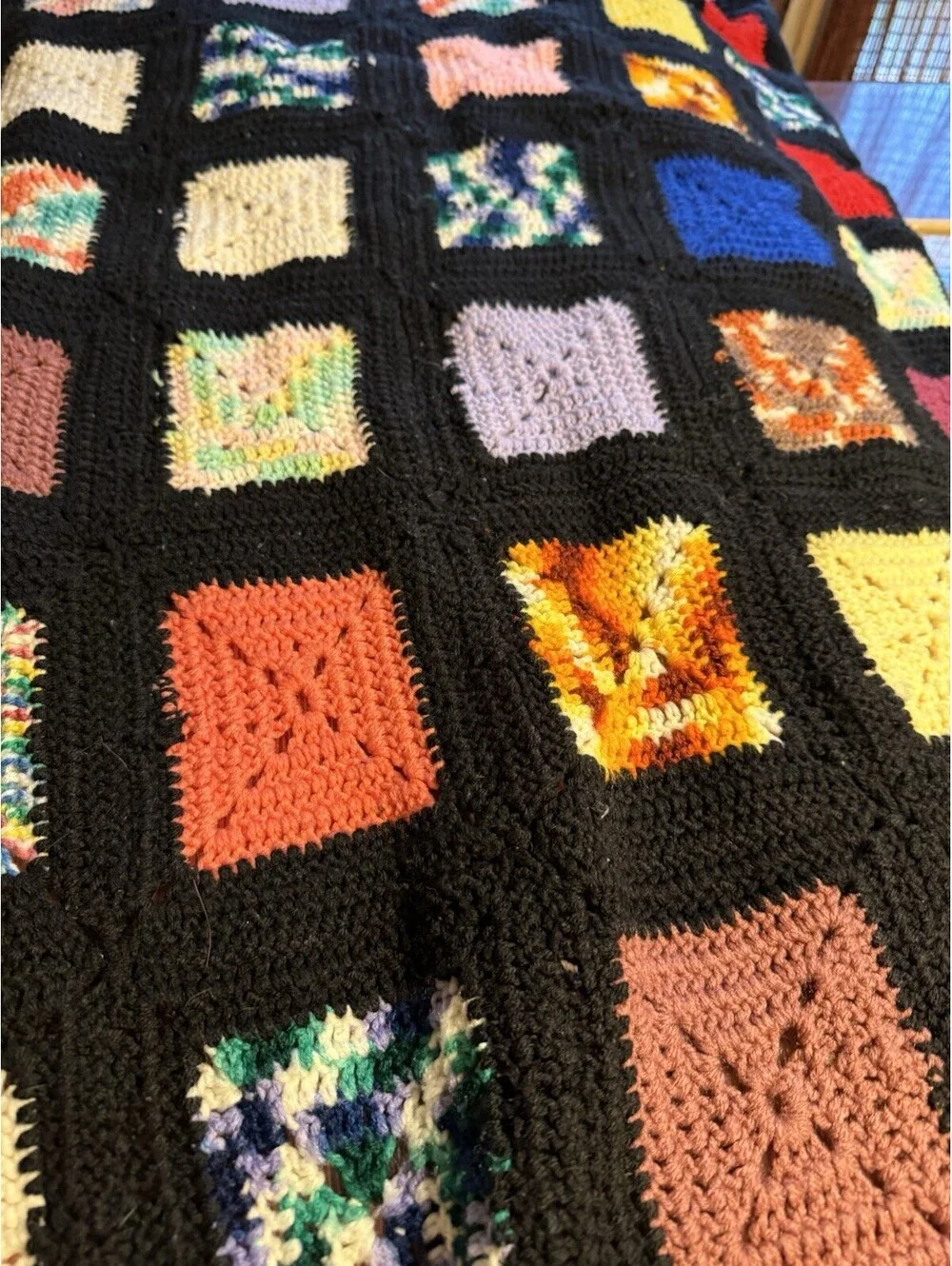 VintageHandmade Crochet Blanket Afghan Colorful Boho Granny Throw Large 80x 100